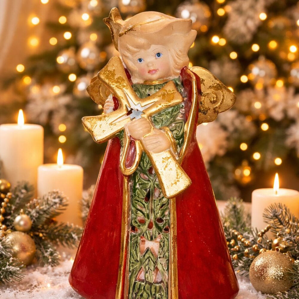Vintage Classic Elements Christmas Angel Figurine Red Gold Cross Religious 10"